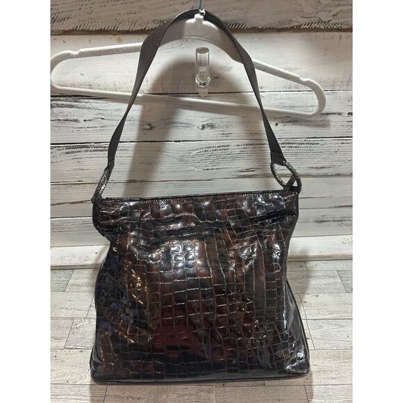 Brighton Handbags - BRIGHTON Cher Handbag Bronze Brown Croc Patent Leather Shoulder Bag Orange Lined